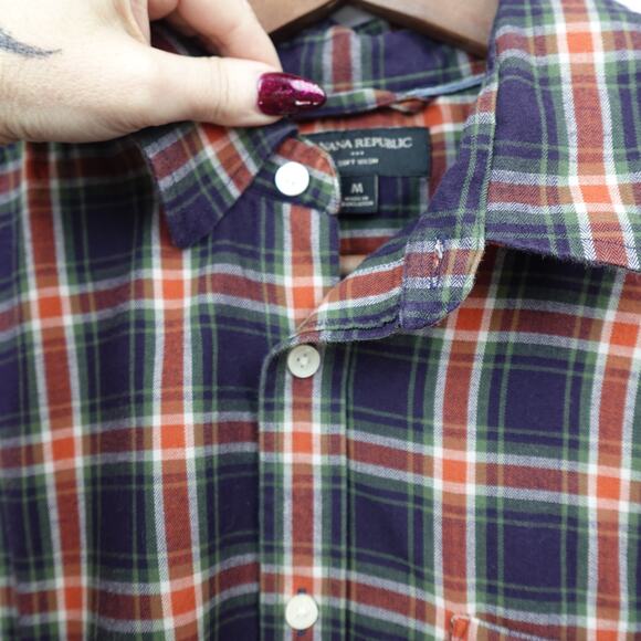 Banana Republic Soft Wash Shirt Sz M Red Navy Herringbone Irvine Western Preppy - Picture 9 of 10